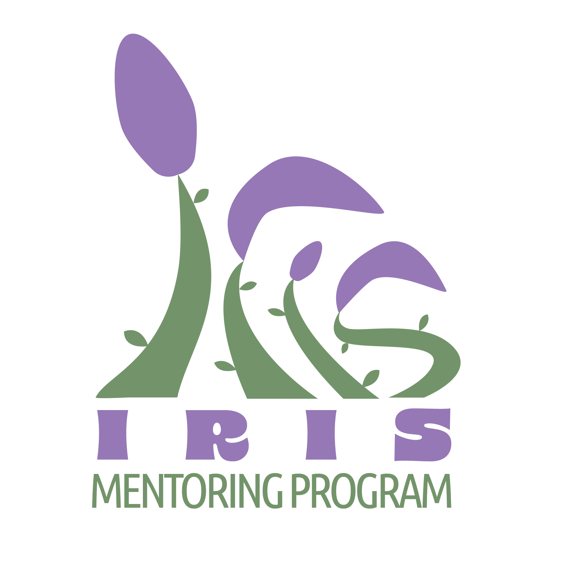 Purple flowers of all shapes spell out the word "Iris". Text below in purple and green says, "Iris Mentoring Program"