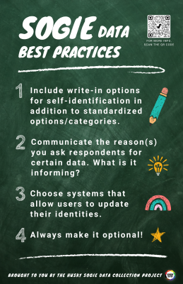 Image displays sample Poster 3 of the Poster Campaign. Text on the poster says, "Sogie Data Best Practices" and lists 4 practices. "1, Include write-in options for self-identification in addition to standardized options/categories. 2, Include write-in options for self-identification in addition to standardized options/categories. 3, Choose systems that allow users to update their identities. 4, Always make it optional!" 